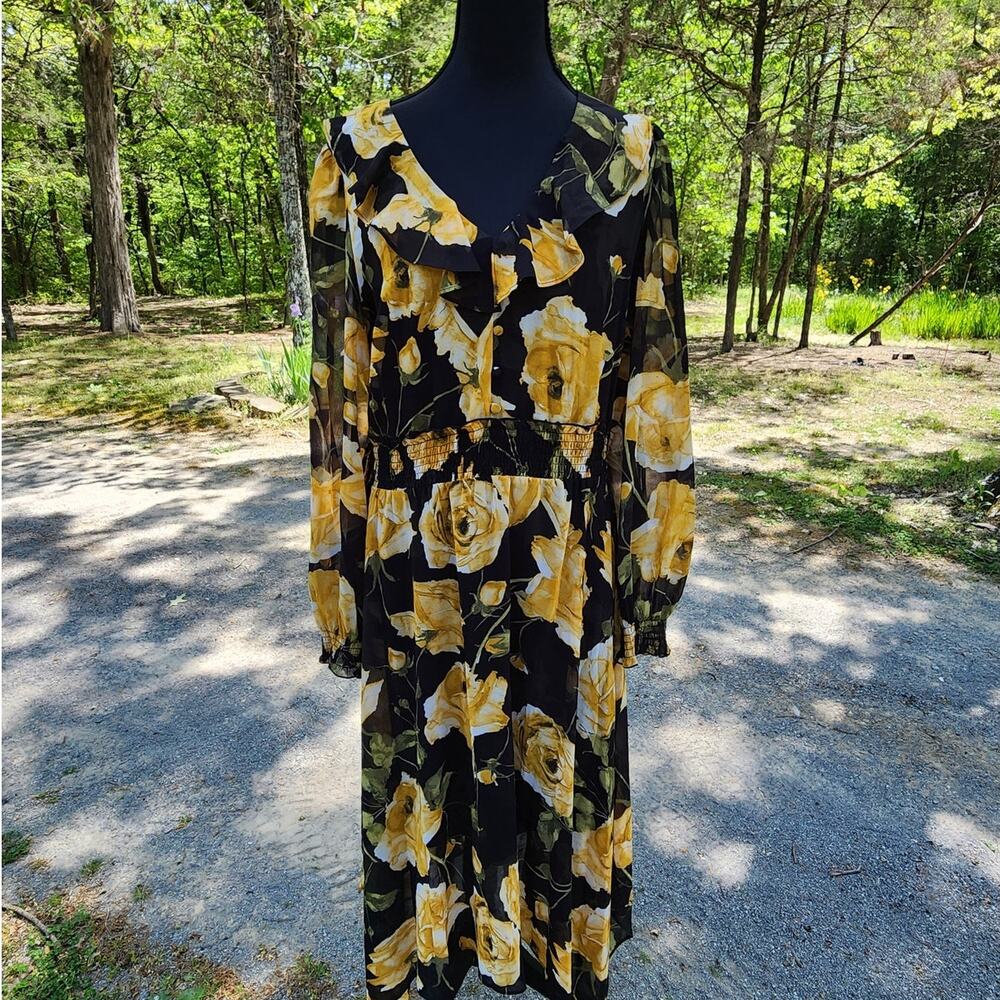 Karl Lagerfeld Paris Womens 16 Black & Yellow Floral Print Dress - Picture 2 of 7